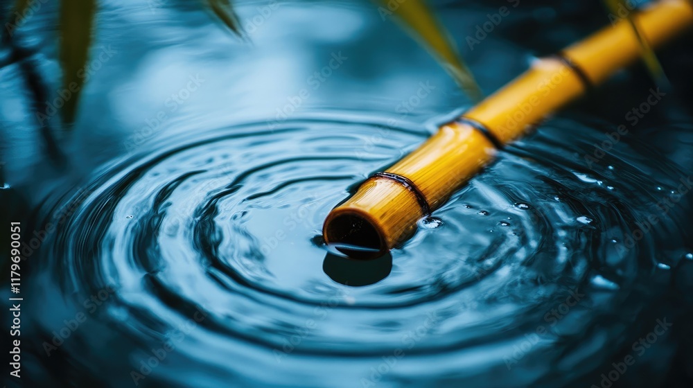 Aufkleber close up of a bamboo branch partially submerged in tranquil water creating ripples reflecting serene
