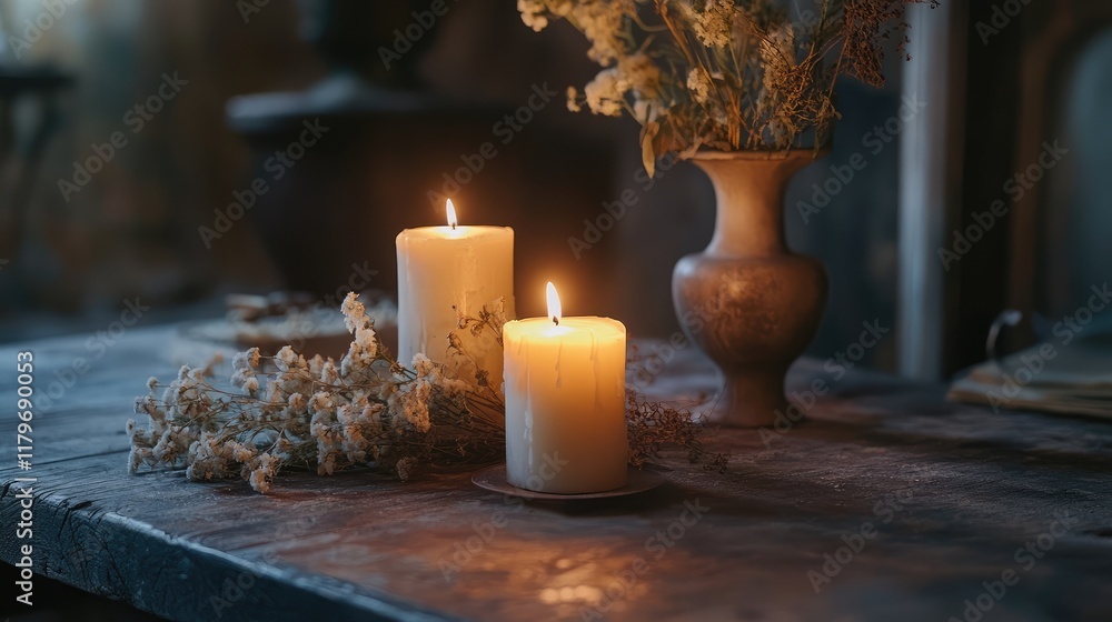 Poster warm candlelight creating an inviting atmosphere with dried flowers on a rustic wooden table in a co