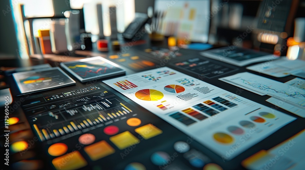 Aufkleber colorful and engaging business analytics charts and graphs on a desk with modern office items