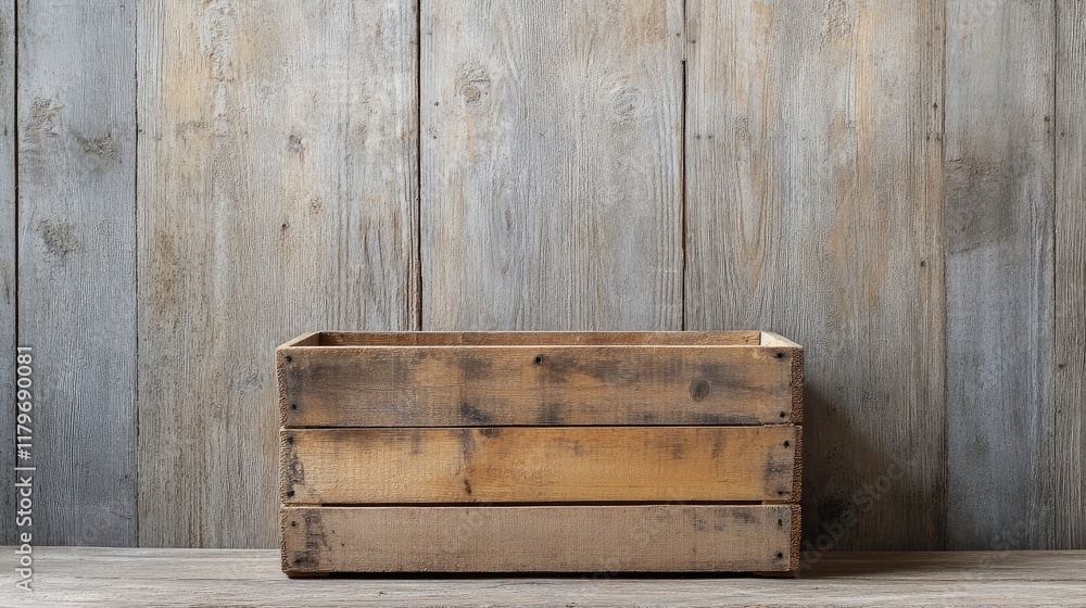 Poster wooden crate on rustic background for storage and transport services with empty space for branding a