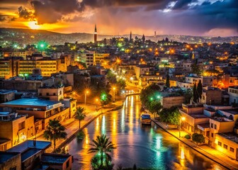 Fototapeta premium Irbid City Nightscape: Illuminated Skyline & Streetlights