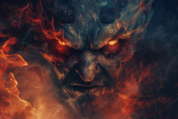 Scary sinister devil is in hell with dramatic bright fire lighting, abstract vivid composition consists of fictional unreal fantastic vision on background