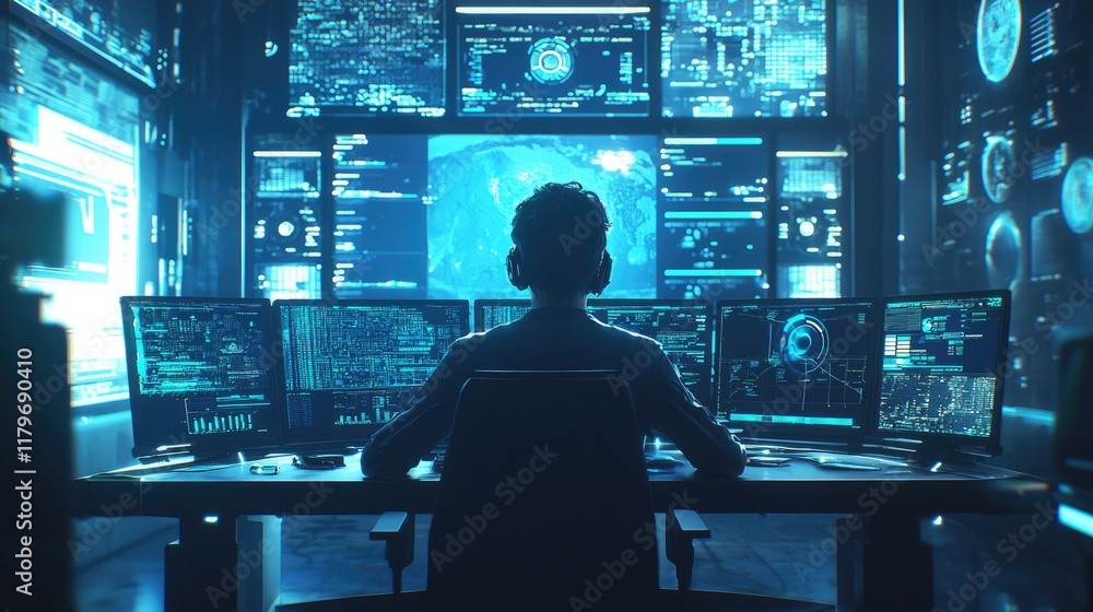 Leinwandbilder futuristic cybersecurity analyst working at multiple monitors in a dark, high-tech environment
