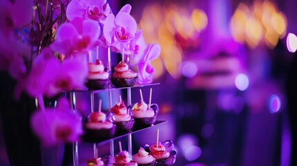 Elegant canapÃ©s elegantly displayed on a catering table adorned with vibrant flowers and soft purple lighting for a luxurious event.