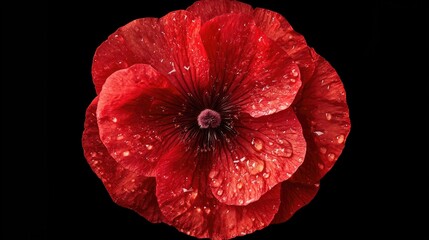 Vivid red geranium flower close up with water droplets on black background showcasing intricate petal details and rich color contrast