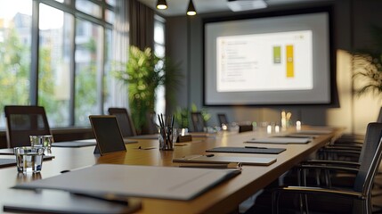Modern Conference Room Setting with Projector and Natural Light, Ideal for Business Meetings and Presentations