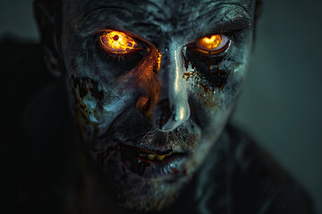 Scary sinister zombie wandering in street with dramatic lighting on Halloween, abstract vivid composition consists of fictional unreal fantastic vision on background