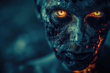 Scary sinister zombie wandering in street with dramatic lighting on Halloween, abstract vivid composition consists of fictional unreal fantastic vision on background