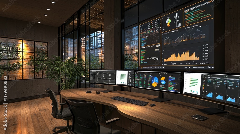 Leinwandbilder Modern Data Visualization Workspace with Multiple Screens and Natural Light in Contemporary Office Environment