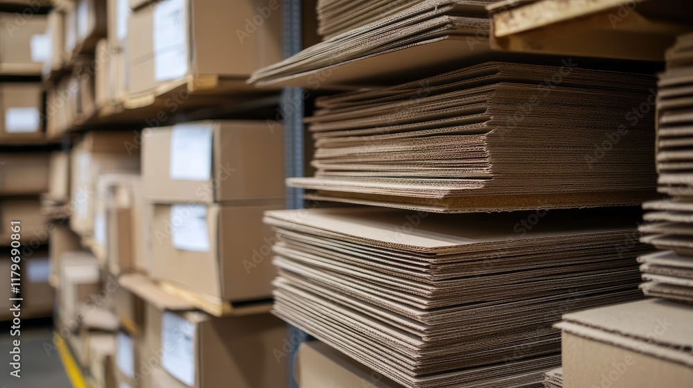 Poster cardboard boxes neatly stacked on shelves inside a large warehouse storage facility for efficient in