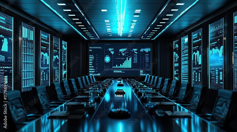 Aufkleber modern conference room with advanced technology and data visualizations for corporate meetings and p