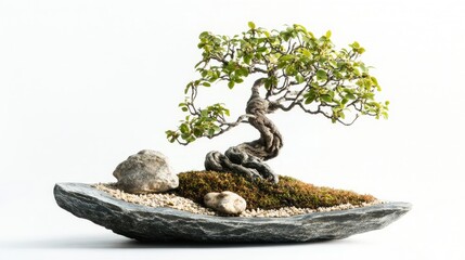 Fototapeta premium Bonsai tree decorative piece with rocks and moss artfully arranged on a natural stone base isolated on white background
