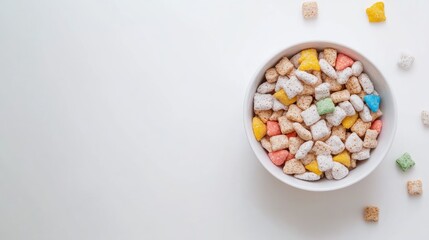 Colorful puppy chow snack mix in a white bowl with scattered pieces on a light background perfect for creative food advertising or packaging.