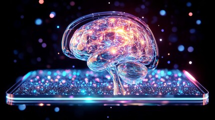 Vibrant 3D Render: Glowing Brain Network on Digital Platform. AI Generated