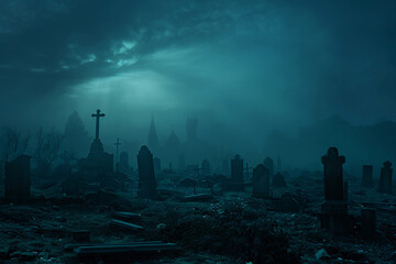 Fantastically mysterious cemetery with tombstones and terribly scary atmosphere, abstract vivid composition consists of fictional unreal fantastic vision on background