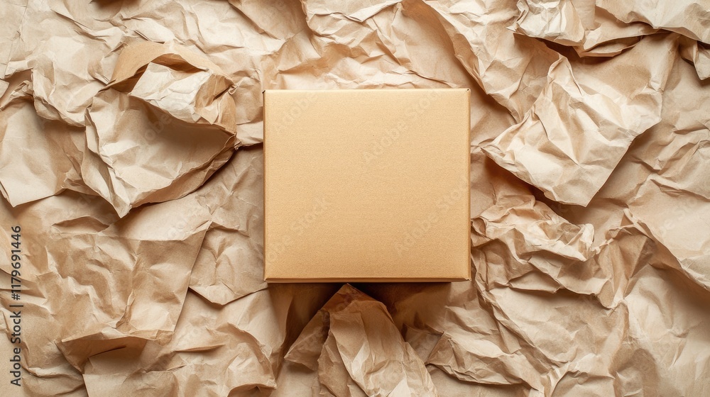 Poster cardboard box on crumpled paper sheets creating a minimalist packaging design concept for shipping o