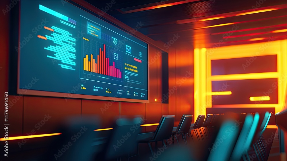 Fototapete Modern conference room with digital display featuring colorful data visualization and ambient lighting
