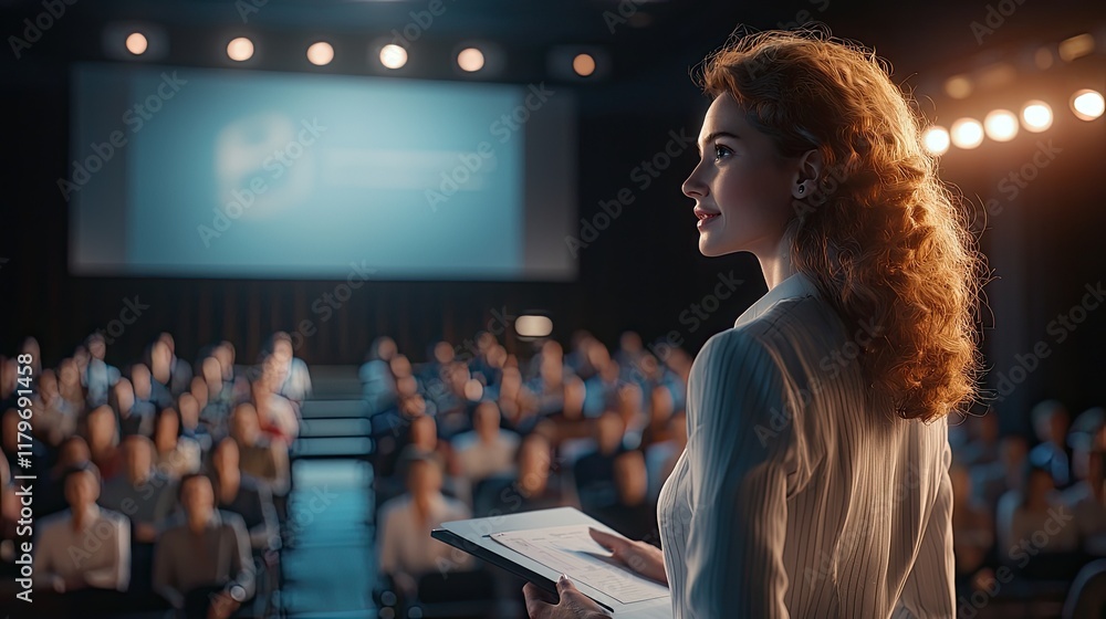Aufkleber professional speaker engaging an audience at a conference with dramatic lighting and presentation vi
