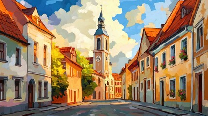Obraz premium Colorful cityscape featuring a charming street with historic buildings and a stunning church in an old town setting.