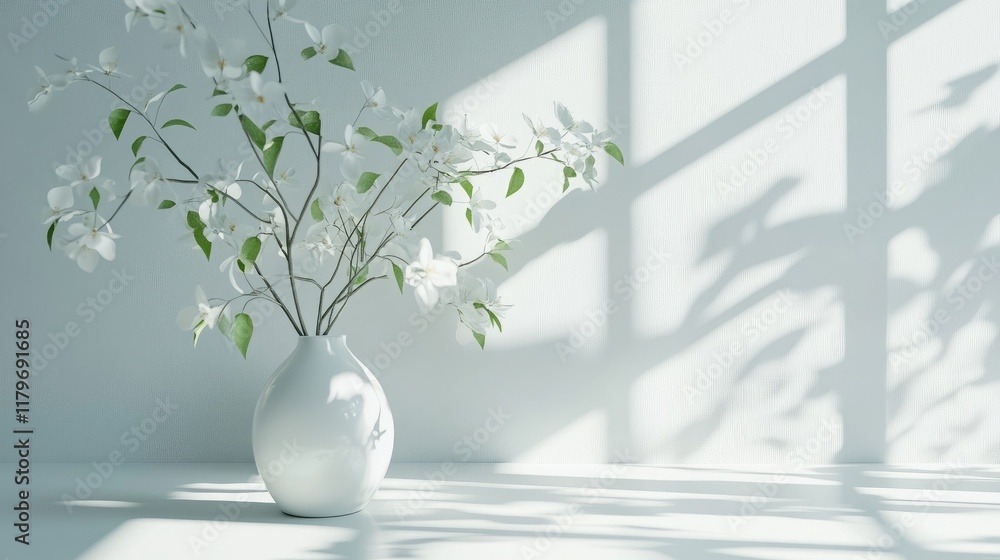 Poster bright minimal workspace with vase of flowers on a white desk creating a serene atmosphere in a cont