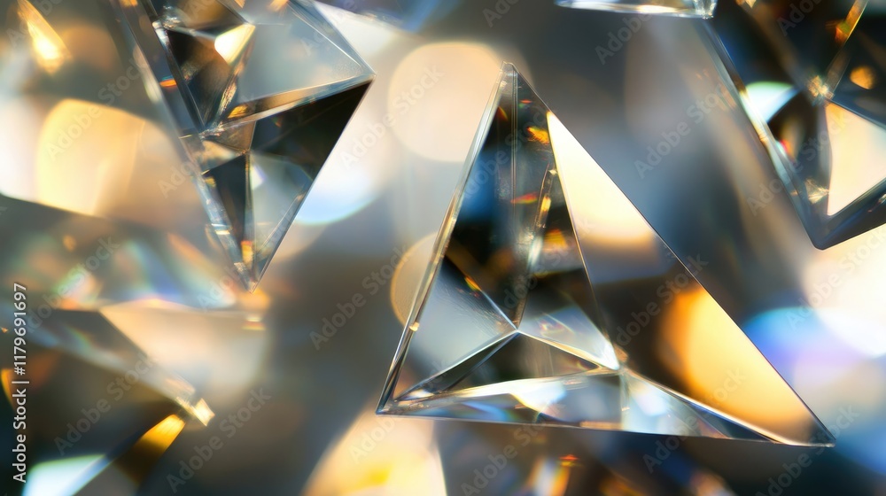 Poster elegant macro shot of triangular glass prisms creating stunning bokeh refractions in a modern still 