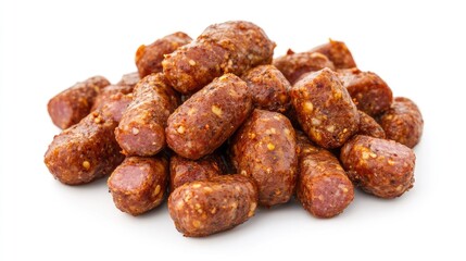 Obraz premium Spicy Bologna Sausage Pieces Piled on White Background for Culinary Delights and Food Photography
