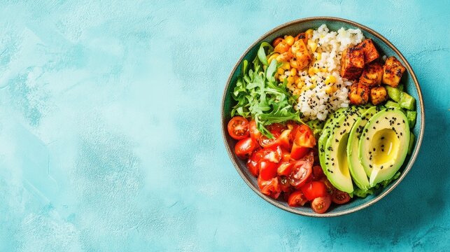 Bowl of fresh avocado salad with colorful vegetables on a vibrant turquoise background perfect for healthy food concepts and advertising.