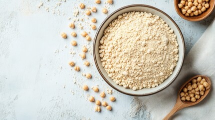 Chickpea flour in a bowl with raw garbanzo beans on a light background ideal for healthy cooking concepts and recipe design