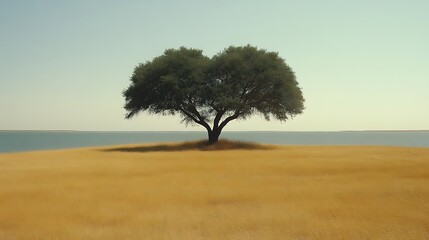 Fototapeta premium Solitary Tree Stands on Sandy Shore by Calm Sea