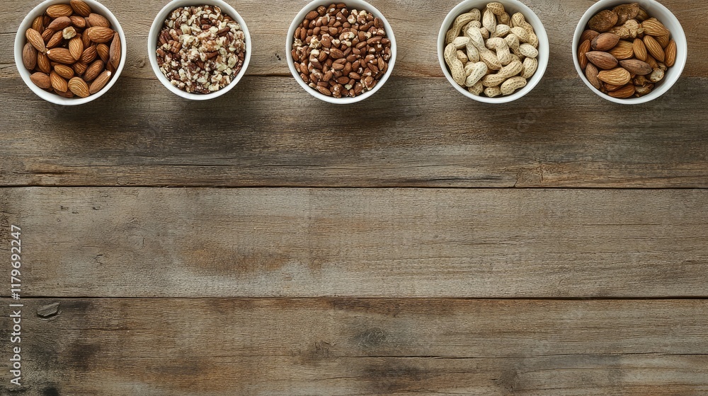 Poster bowls of assorted nuts arranged on a rustic wooden table with ample empty space for text or advertis
