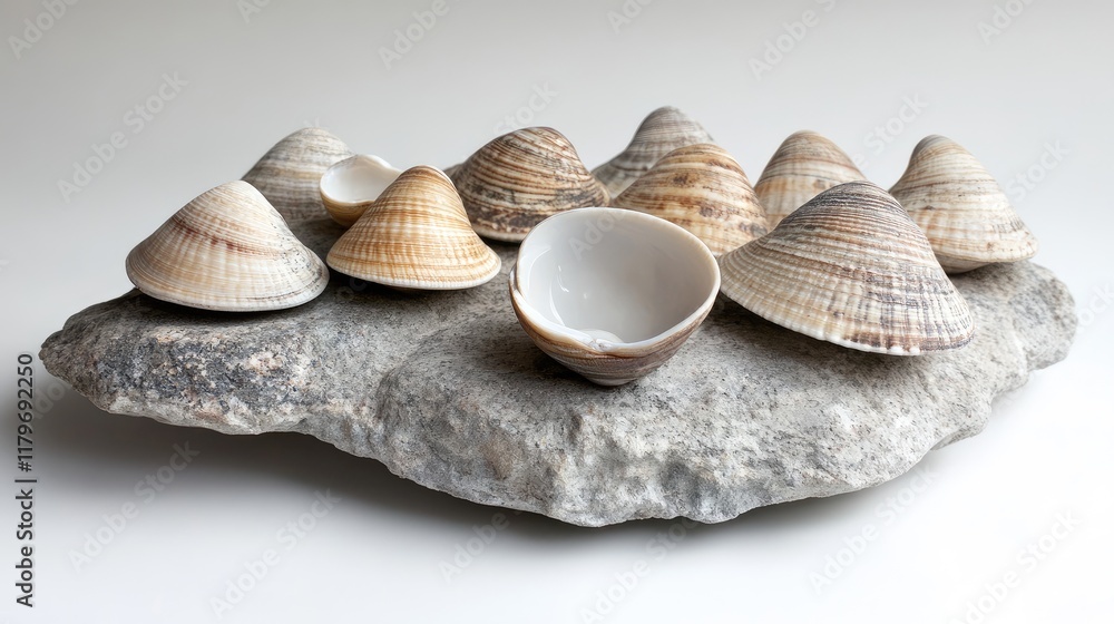 Poster collection of diverse clams arranged on a natural stone surface showcasing their unique shapes and t