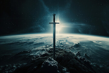 Naklejka premium Fantastic weapon royal sword with beautiful handle and sharp blade, abstract vivid composition consists of fictional unreal fantastic vision on background