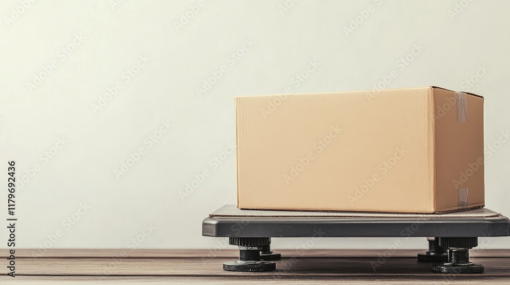Poster cardboard box on weighing scale in minimalistic setting for delivery logistics and shipping solution