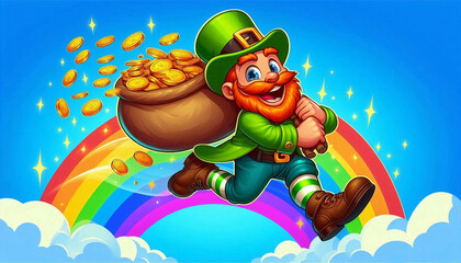 Naklejka premium Leprechaun with pot of gold on rainbow, festive illustration with coins and lucky shamrocks