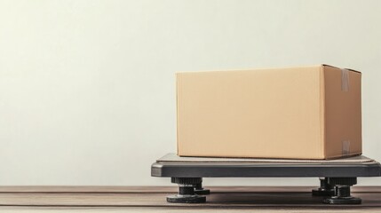Cardboard box on weighing scale in minimalistic setting for delivery logistics and shipping solutions