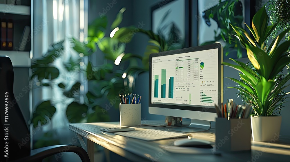 Poster modern workspace with computer and greenery, featuring data charts and a cozy ambiance in a home off