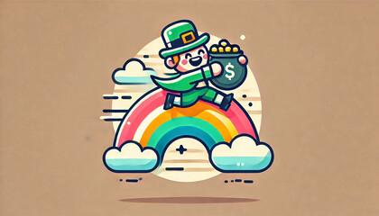 Leprechaun crossing a rainbow with a pot of gold in a playful flat illustration.