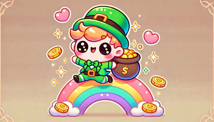 Fototapeta premium Cute leprechaun in bright colors, skipping across a rainbow with a pot full of gold coins.