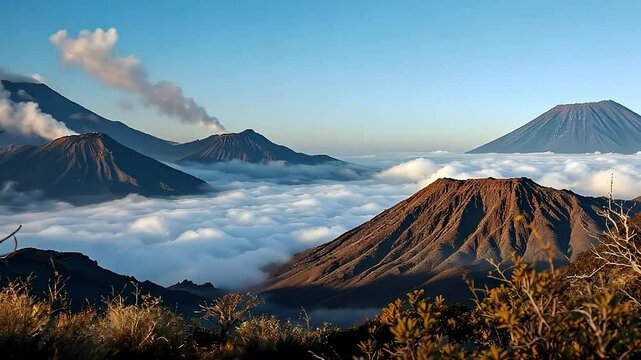 Majestic Volcanic Landscape: Breathtaking Sunrise Over a Sea of Clouds