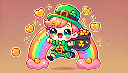 Fototapeta premium Whimsical leprechaun in chibi style with gold pot and rainbow, surrounded by stars and clovers.