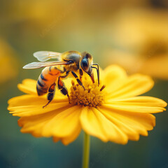 A macro shot of a honeybee gathering pollen on a yellow flower, showcasing intricate textures and vibrant springtime colors