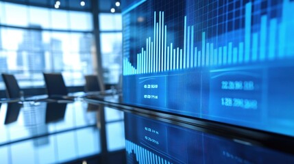 Fototapeta premium Data Visualization on Glass Screen in Modern Office Environment with City View and Conference Table Setting