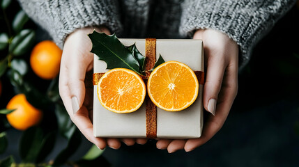 Woman's hands holding festive gift, oranges, winter background.