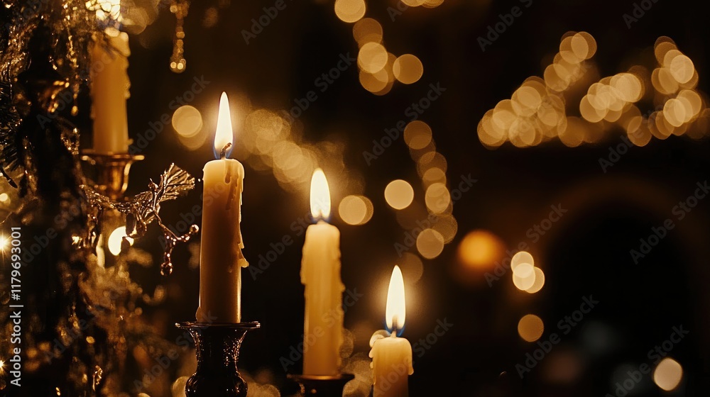 Poster elegant close-up of glowing candle lights with a warm bokeh backdrop creating a cozy and inviting at