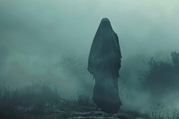 Scary grim reaper with sharp scythe in hell with dark dramatic color, abstract vivid composition consists of fictional unreal fantastic vision on background