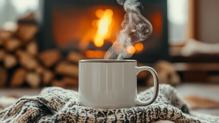 Cozy White Mug of Hot Beverage Sitting on Knit Blanket with Steam Rising, Warm Fire in Background Creating Inviting Atmosphere for Relaxation