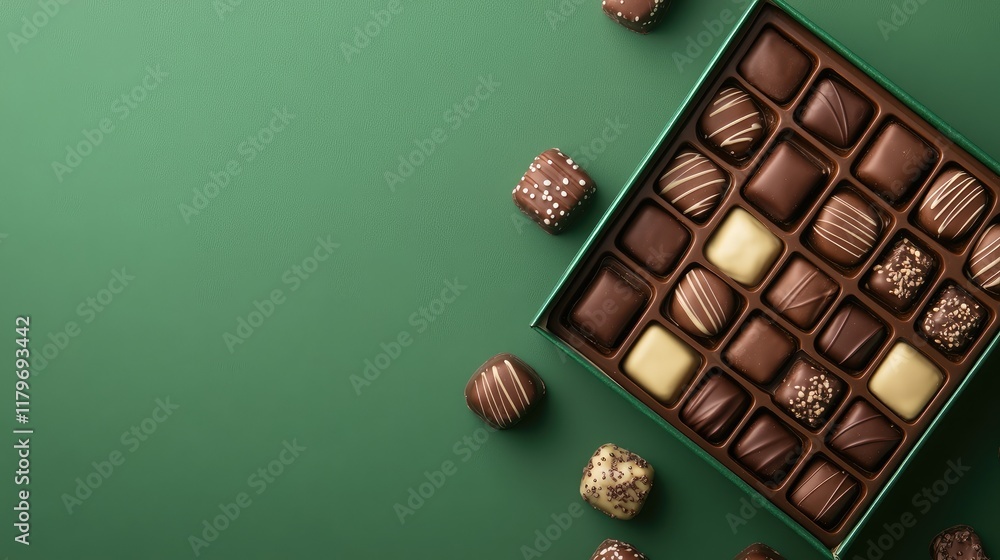 Poster assorted chocolate candy bars in a box on a green background with ample empty space for promotional 