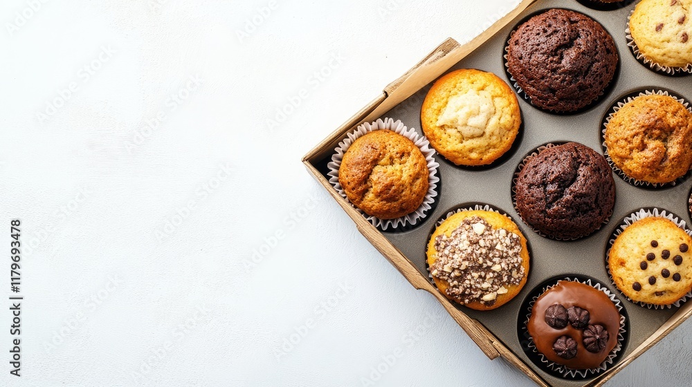 Poster assorted homemade muffins in a cardboard box with a clean white background and empty space for text 
