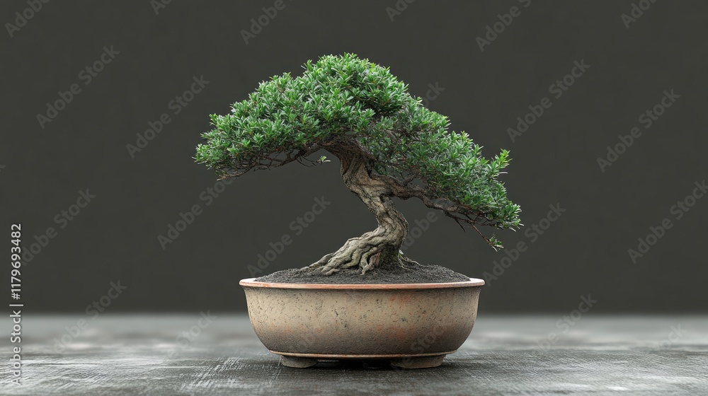 Poster dwarf bonsai tree in artistic flowerpot isolated on backdrop showcasing intricate trunk and lush fol