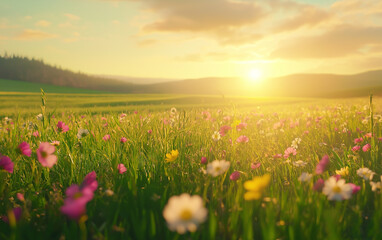 Fototapeta premium A stunning spring sunrise over a lush farmland filled with colorful wildflowers, creating a serene and refreshing rural atmosphere